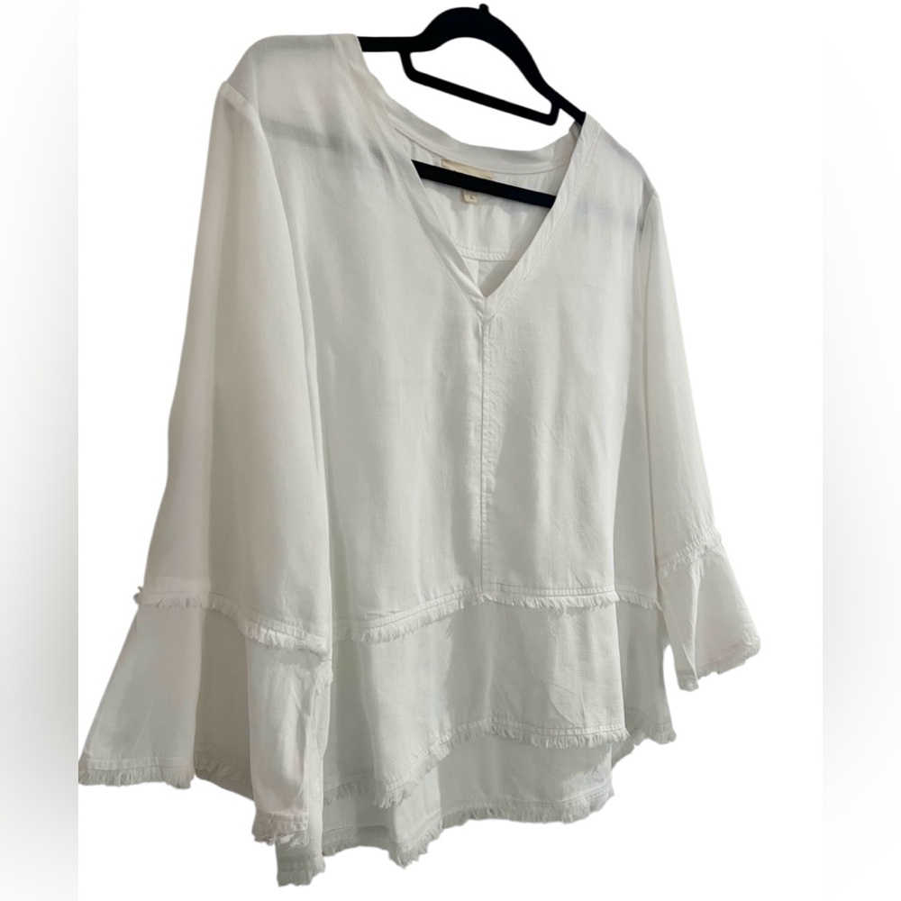 Cloth & Stone Anthropology Blouse White Tencel Fringe Bell Sleeve Boho Womens L
